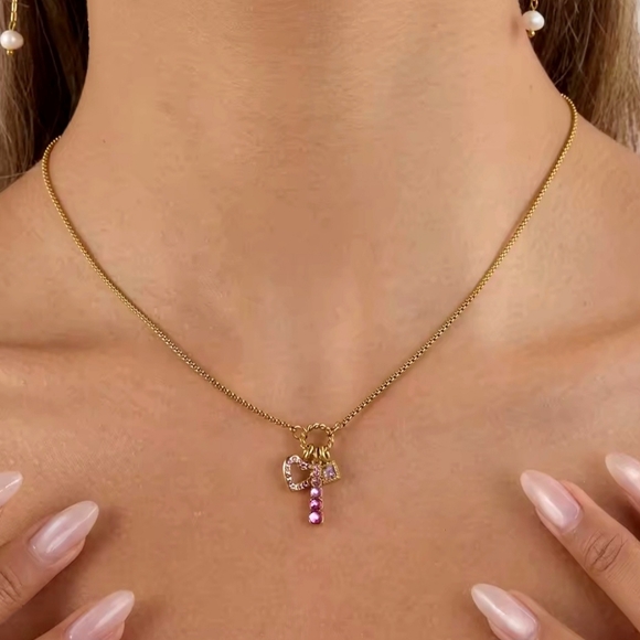 Gold Tone Dainty Twist Ring Pendant Pink Stone Charm Necklace - Picture 9 of 9